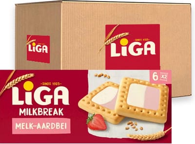 LiGA MilkBreak Duo Koekjes Melk & Aardbei - Doos 12 x 245g - Koek - Koeken voor Onderweg of Werk en Kantoor