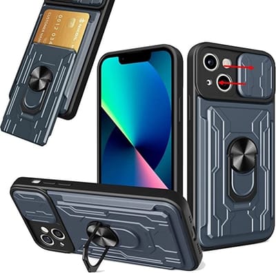 Geschikt voor iPhone 13 hoesje met pashouder - camera bescherming cover en ring houder – Grijs – oTronica
