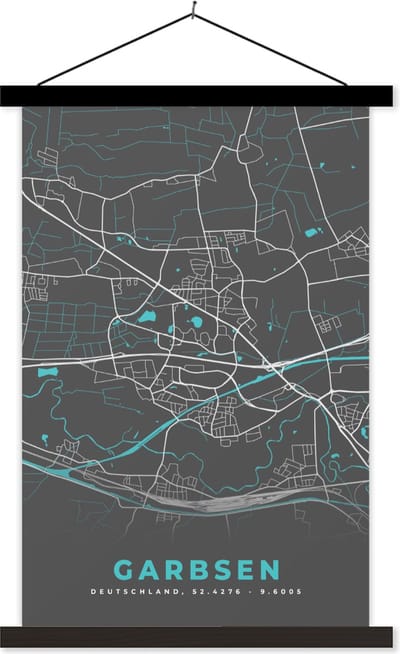 Posterhanger incl. Poster 40x60 cm - Schoolplaat - Blauw – Duitsland – Plattegrond – Gold – Stadskaart – Kaart – Garbsen - Textielposter - Zwarte latten - Stadskaart