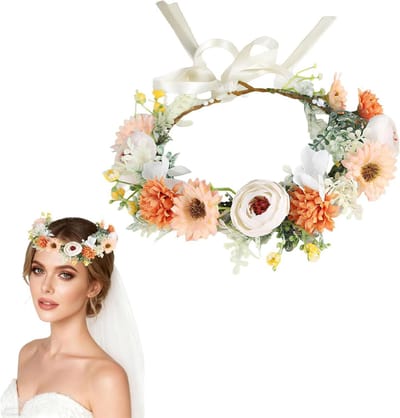 Bloemenkroon - Bloemen haarband - Feestelijke gelegenheid - Handgemaakt ontwerp - 19 cm diameter - Oranje en wit