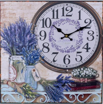 Canvas Schilderij Klok - Wandklok - LAVENDEL BLOEMEN & BOEKEN - Schilderijen met Klok - Woonkamer - Keuken - 38x38 Cm