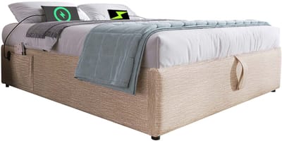 Wishdor - Opbergbed - Met USB-C En Volledige Houten Bedbodem - Zonder Hoofdbord - Linnen - Naturel - 140 X 200 Cm