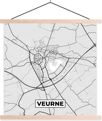 Posterhanger incl. Poster 40x40 cm - Schoolplaat - Zwart Wit – België – Plattegrond – Stadskaart – Kaart – Veurne - Textielposter - Blanke latten - Stadskaart