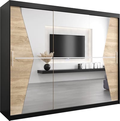 InspireMe - Kledingkast met 3 schuifdeuren, Modern-stijl, Een kledingkast met planken en een spiegel (BxHxD): 250x200x62 - TOTO 250 Zwart Mat + Sonoma Eik