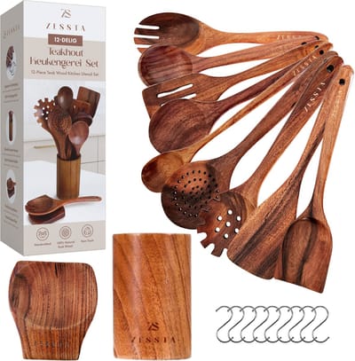 Zessta Keukengerei Set 12-Delig + Houder - Keukengerei Hout - Houten Spatel - Kookgerei Set - Keukenset - Bakspatel - Spatelset - Kookset - Teakhout
