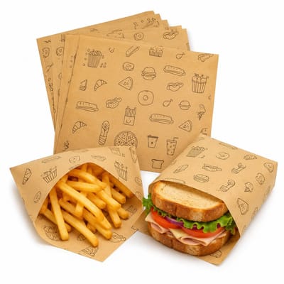 Daity 50 stuk - Oliebestendige, platte bruine kraftpapieren boterhamzakjes, perfect voor toast, snacks, koekjes, gebak, hamburgers, lunch, enz.