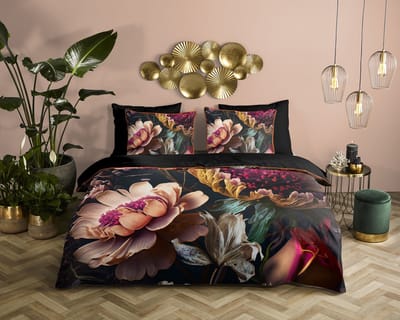 Descanso dekbedovertrek bloemen - 1 persoons 140x200/220 cm - Antraciet - 100% Katoen satijn