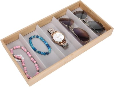 Houten Zonnebril Displaykast met 5 Compartimenten voor Bescherming van Brillen, Sieraden en Horloges - Ideaal voor Winkels en Thuisgebruik