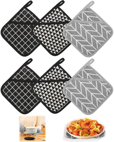 Dailygoods - Pannenlappen met tas, hittebestendig, wasbare beschermklep, grote vierkante pannenlappen van katoen, oven, magnetron, pannenlappen voor keuken, koken, bakken (16 x 16 cm)