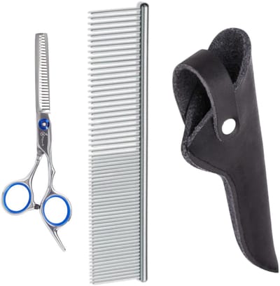 Professor Q Effileerschaar Hond – Professionele Uitdunschaar – RVS – 6 inch – Inclusief Vingerringen met Luxe Lederen Etui – 16,5 cm – Zwart + Anti-Klit Kam – Pijnloos & Huisdiervriendelijk