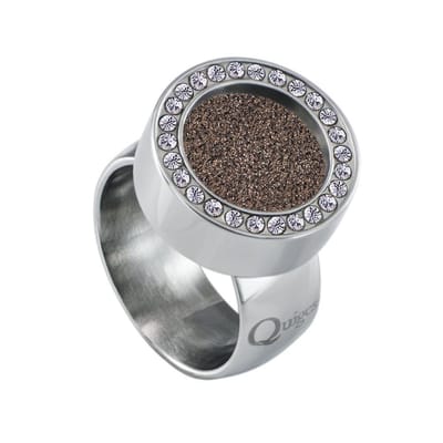 Quiges RVS Schroefsysteem Ring met Zirkonia Zilverkleurig Glans 17mm met Verwisselbare Glitter Bruin 12mm Mini Munt