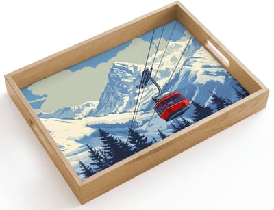 Dienblad hout 40x30 cm - Schootdienblad - Kabelbaan - Sneeuw - Berglandschap - Borrelplank rechthoek - Plateau dienbladen