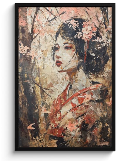 Poster in lijst - Fotolijst 60x90 cm - Posters - Kimono - Vrouw - kersenbomen - Posterlijst zwart - Decoratie - Wanddecoratie woonkamer - Muurdecoratie slaapkamer