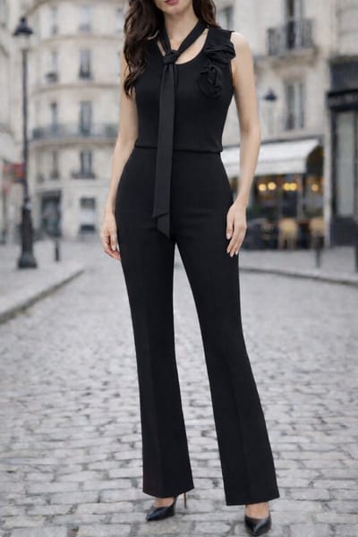 Broek + top voor dames- zwarte Aanpassende stretch flare broek en top met bloemen decoratie