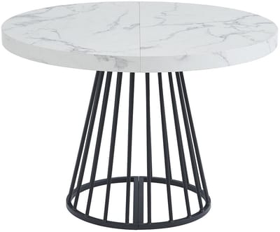 Vente-unique Uitschuifbare eettafel 2 tot 12 plaatsen van mdf en staal - Wit marmereffect en zwart - FIRELA