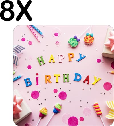 Luxe Placemat - Vrolijke Roze Happy Birthday - Set van 8 Placemats - 50x50 cm - 2 mm dik Vinyl - Anti Slip - Afneembaar