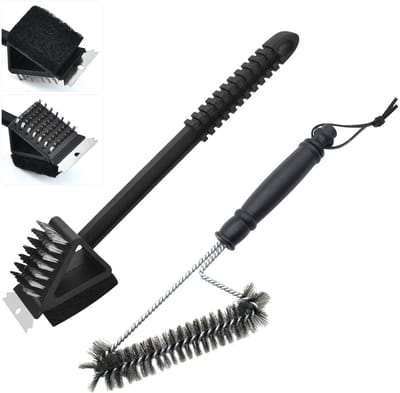 Dailygoods- BBQ Reinigingsborstel 2 Stuks - 3-in-1 Draad Borstel - Driehoek Metalen Grillborstel - Effectieve Reinigingsset - Schraper - Grondige Reiniging zonder Krassen