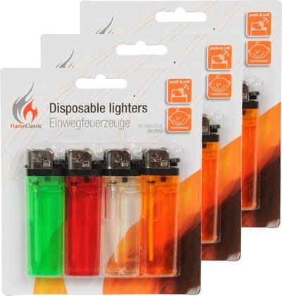 Flame Classics Aanstekers - 12x stuks - gekleurd - 8 cm - wegwerpaansteker