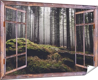 Gards Tuinposter Doorkijk Bos met Mos op Rotsen - 180x120 cm - Tuindoek - Tuindecoratie - Wanddecoratie buiten - Tuinschilderij
