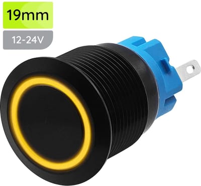 ProRide Metalen Pulsschakelaar 12V OFF-(ON) - 19mm - Momentschakelaar - Spatwaterdicht - 12V/24V - LED Indicatie Geel