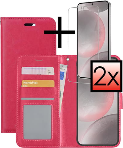 Hoesje - Met 2x Screenprotector - Geschikt voor Samsung Galaxy S24 Plus - Luxe Pasjeshouder - Bookcase Portemonee - Flip Case - Kunstleer Book Case - Flipcase Hoes - Book Cover - Walletcase - Portemonneehoes - Donkerroze