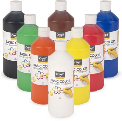 Creall Plakkaatverf - set met 8 verschillende kleuren schoolverf - waterbasis - 8x 500ML flessen - Gemaakt in NL - glutenvrij - professionele kwaliteit