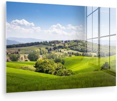 ® Glasschilderij 180x120 cm - Schilderij acrylglas - Toscane in Val d'Orcia in de buurt van het middeleeuwse stadje San Gimignano in Italië - Foto op glas - Muurdecoratie woonkamer - Wanddecoratie slaapkamer - Schilderijen