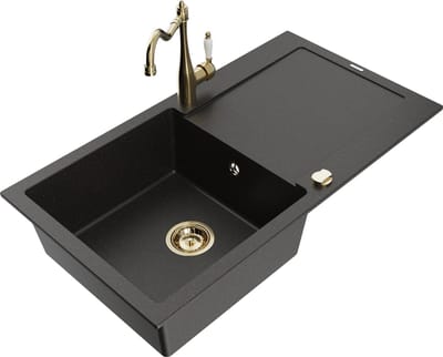 Mexen Leo granieten gootsteen 1-baks met afdruiprek en keukenkraan Carla, zwart/gouden metallic - 6501-75-670700-50