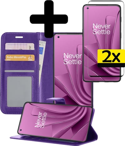 Hoesje - Met 2x Screenprotector - Geschikt voor OnePlus 10 Pro - Luxe Pasjeshouder - Bookcase Portemonee - Flip Case - Kunstleer Book Case - Flipcase Hoes - Book Cover - Walletcase - Portemonneehoes - Telefoonhoesjes - Paars