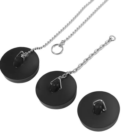 Set van 3 rubberen afvoerstoppen met een ketting van 40 cm, geschikt voor gootstenen, badkuipen, keukens en badkamers (45-47 mm, zwart).