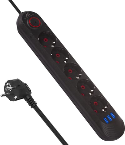 Maclean MCE395 B - Stekkerdoos - 5-polige verlengkabel 1.5m + 3xUSB - 110-240V AC 50/60Hz - 2,1A max 2500W - Zwart
