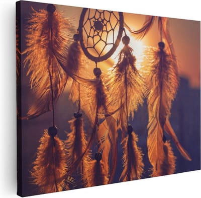 Artaza Canvas Schilderij Zonsondergang - 40x30 cm - Klein - Wanddecoratie Dromenvanger - Muurdecoratie Veren - Schilderijen Op Canvas