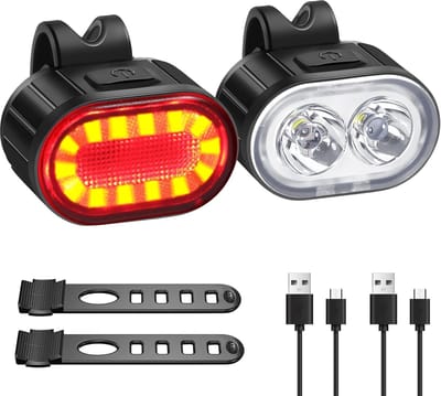 YAGXIG Fietslamp - LED-fietslamp - USB-oplaadbaar - Lange batterijduur - Met knipper- of continu brandende stand - Waterdichtheid IPX4 - Fietslamp - Voor- en achterlicht voor mountainbike - Nachtverlichting - Zwart