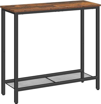 HOMESY Consoletafel, slanke consoletafel voor hal, entree, tafel met 2 planken, industriële displaytafel, slanke banktafel voor woonkamer, slaapkamer, Rustiek Bruin en Zwart