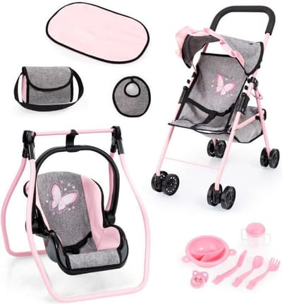 Bayer Design Opvouwbare poppenbuggy, poppenwagen, dubbele wielen, tas, aankleedkussen, wieg, accessoires in jeans-grijs, roze