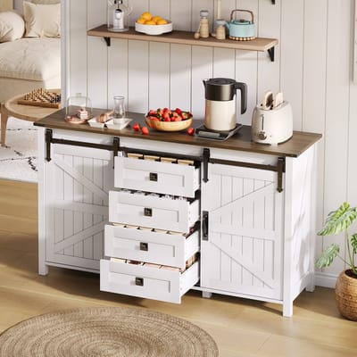 DESMIU Dressoir - Met Schuifdeuren En 4 Lades - Veelzijdige Opbergkast Voor Keuken Woonkamer En Hal - MDF - 137x40x81,5 Cm - Wit