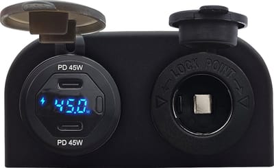 ProRide 12V USB C Autolader 2 Poorten Opbouw met Wattagemeter - 45W/QC3.0 - met 12/24V Sigaretten stopcontact - Blauw