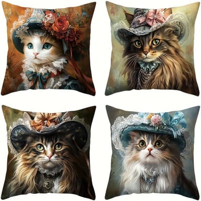 Housse de coussin style victorien motif chat impression numérique Peluche courte Convient aux salons chambres à coucher canapés Coussin d'appoint 40x40cm