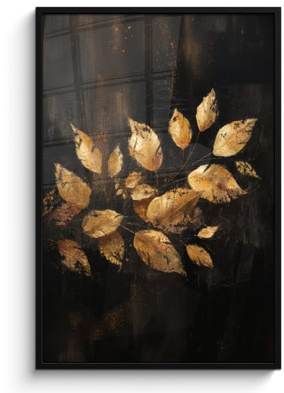Poster in lijst - Fotolijst 80x120 cm - Posters - Gouden Bladeren op Donkere Achtergrond - Posterlijst zwart - Decoratie - Wanddecoratie woonkamer - Muurdecoratie slaapkamer