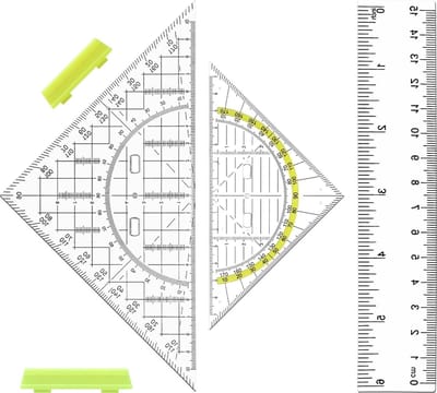 Set van 2 Geometrische Driehoeken met Handvat en Liniaal, 15 cm, Transparant en Antislip, Perfect voor Studenten en Ontwerpers