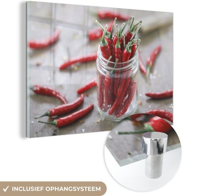 ® Glasschilderij 180x120 cm - Schilderij acrylglas - Chilipeper in een glazen beker - Foto op glas - Muurdecoratie woonkamer - Wanddecoratie slaapkamer - Schilderijen