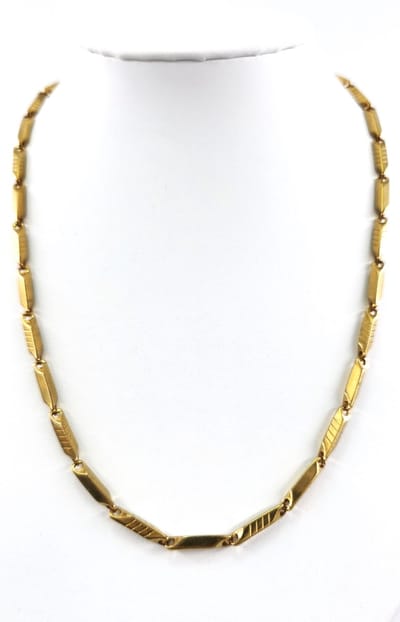 Halskettingen - goudkleurige schakelketting heeft een opvallend ontwerp met langwerpige, gestreepte elementen - staal - Lang 45 plus 5 cm verlengketting - Breed 3mm - gemaakt van hoogwaardig roestvrij staal, Verkleurd niet
