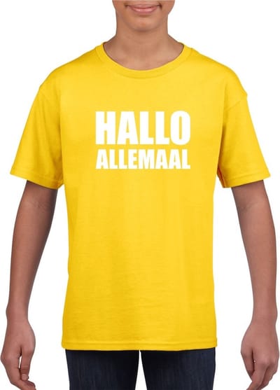 Hallo allemaal tekst geel t-shirt voor kinderen 110/116