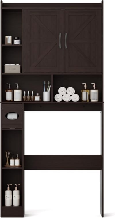 Wasmachinekast met deuren - Badkamerkast Hoge kast - Opbergen en organiseren - Verstelbare planken zijvak - 70x90 cm ruimte - Donkerbruin