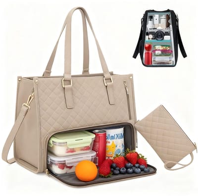 Dailygoods - Lunchtas voor dames, 2-in-1, 15,6 inch laptoptas en geïsoleerde lunchtas voor vrouwen, elegante multifunctionele draagtas voor werk, universiteit, kantoor en reizen (kaki)