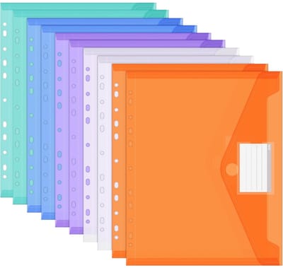 TOVBMUP 10 Stuks Vakmappen A4 - Ondernemappen met 11 Lochrand - Waterdichte Documentenmappen met Etikettentasche en Klittenbandsluiting - Geschikt voor School, Kantoor en Huisorganisatie - Transparant Plastic - 30,5x24cm