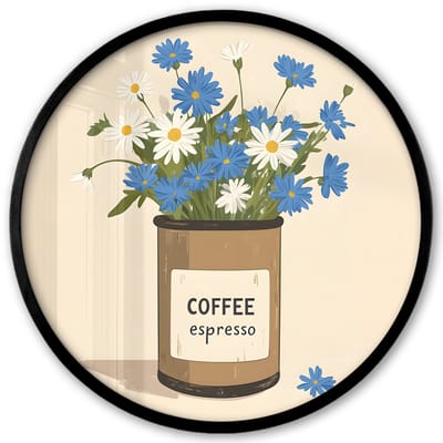 Poster in lijst Rond - Fotolijst 40x40 cm - Posters - Coffee - Blik - Minimalistisch - Bloemen - Ronde posterlijst zwart - Decoratie - Wanddecoratie woonkamer - Muurdecoratie slaapkamer