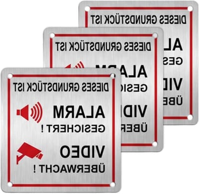 Veiligheidsborden Set - Waarschuwingsborden - Privacy Bewaken - Roestvrij Staal - 3 Stuks 10x10cm - Rood Wit