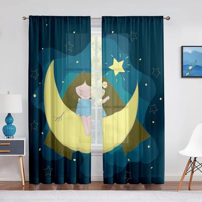 Schattig Cartoon Konijn op de Maan Sterren Konijn Tule Gordijnen voor Woonkamer Keuken Kinderkamer Transparante Voile Gordijn Decoratie 1 PCS W100XH250cm&Grommet Top