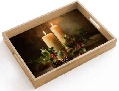 Dienblad hout 40x30 cm - Schootdienblad - Kaarslicht - Kerst - Veelkleurig - Borrelplank rechthoek - Plateau dienbladen